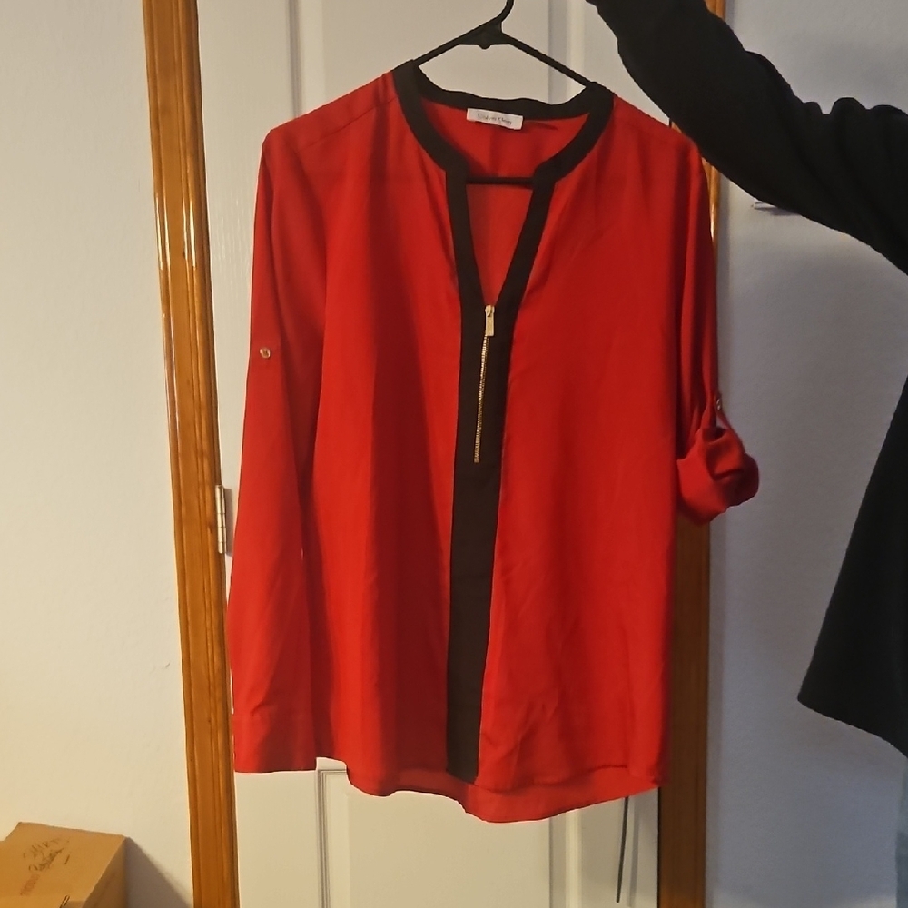 Red and Black Blouse with Zipper Detail